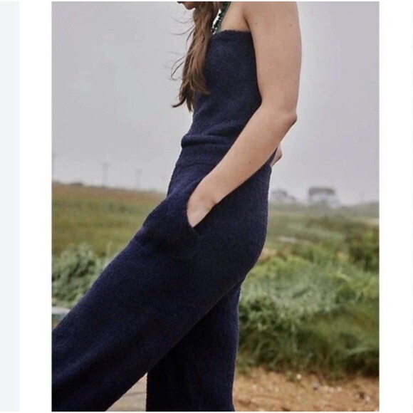 Free People Beach Claire One Piece Medium Navy Blue Marin Strapless Jumpsuit NWT - Picture 2 of 13